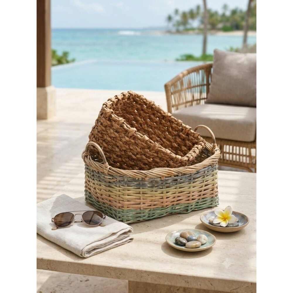 Woven Natural and Pastel Rectangular Storage Basket Set